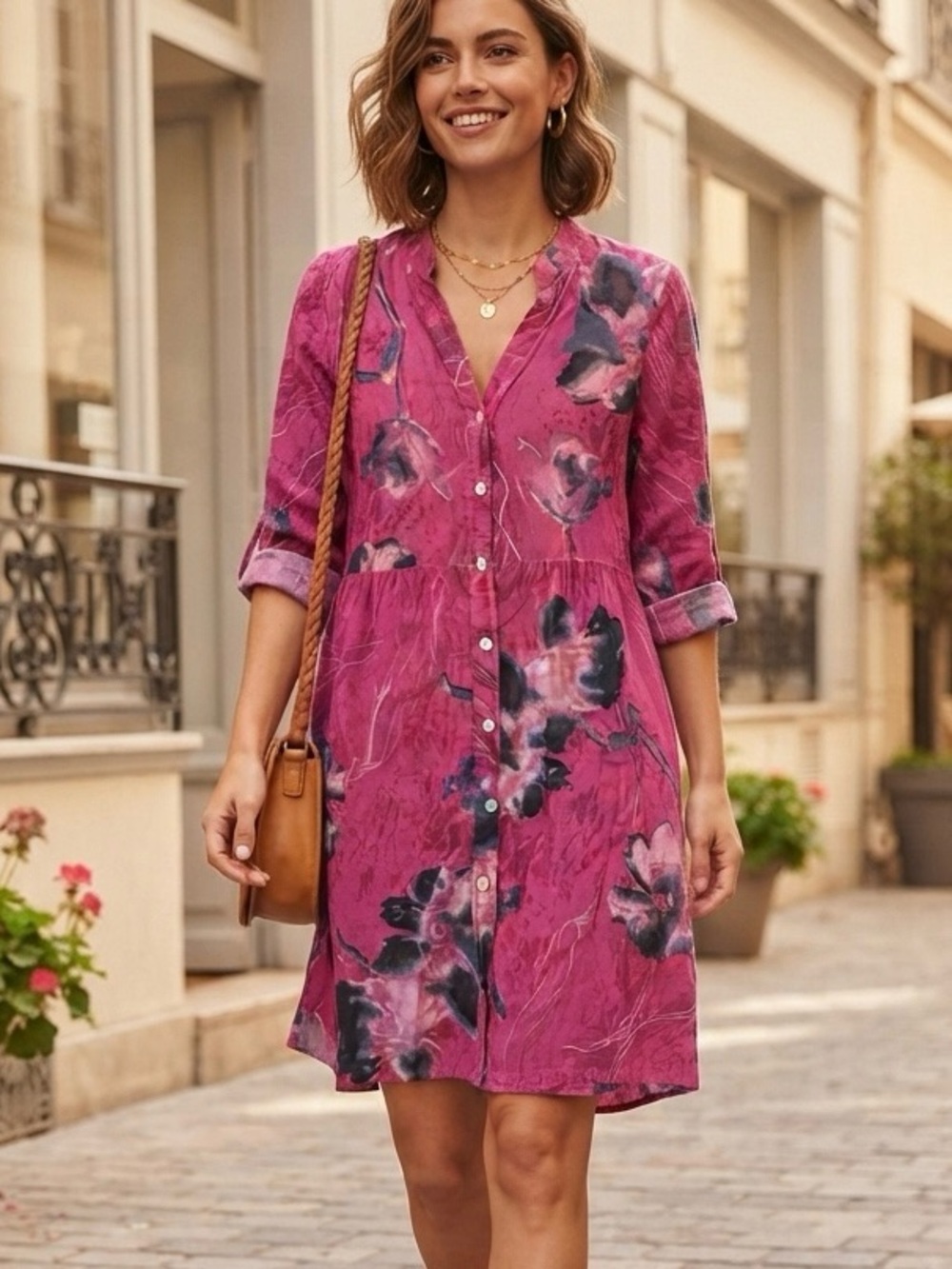Caterina Ricci Italian 100% Linen Pink Floral Midi Shirt Dress Lagenlook Boho S